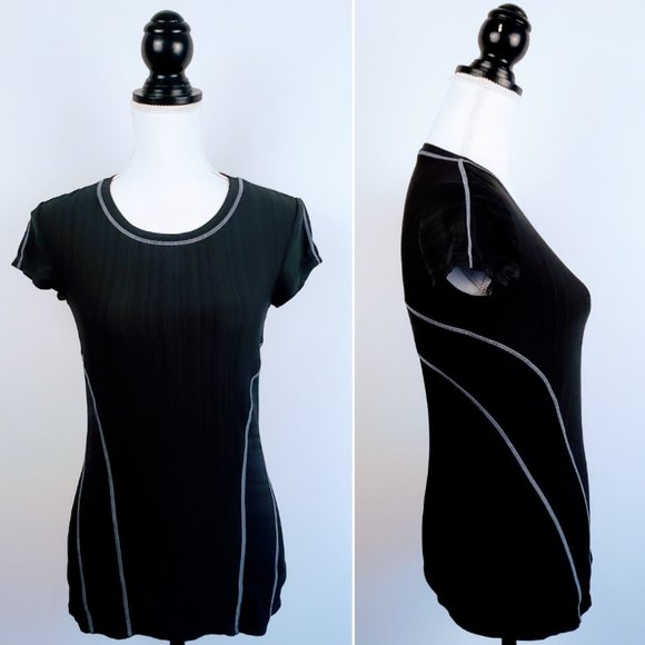 ATHLETA Tee Top, Black Polyester Short Cap Sleeve Stretchy Running Yoga, XS - Picture 1 of 12